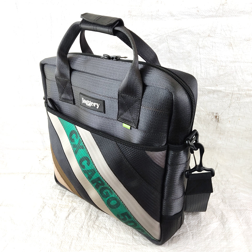 Heryana Pilot's Everyday Bag in Green Ex-Cargo Belts & Rescued Car Seat Belts [13" Laptop Bag]