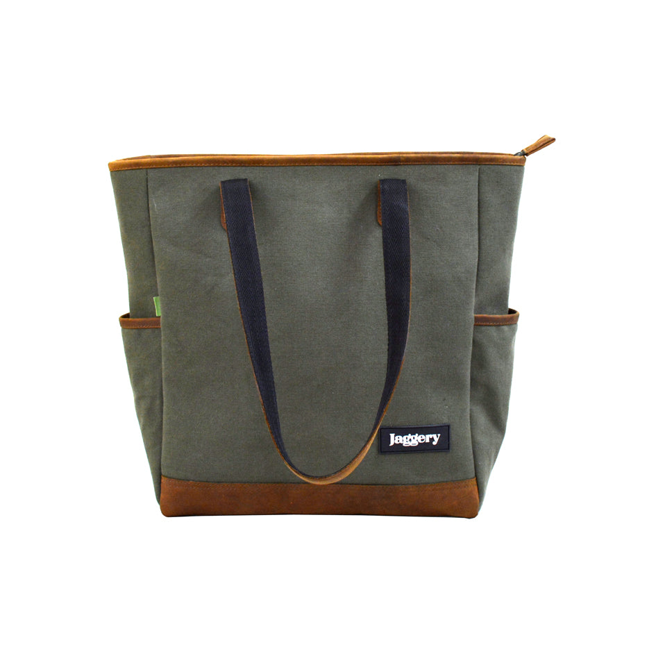 Outback and Beyond Marlini Tote Bag in Rescued Army Olive Green Canvas & Salvaged Nubuck