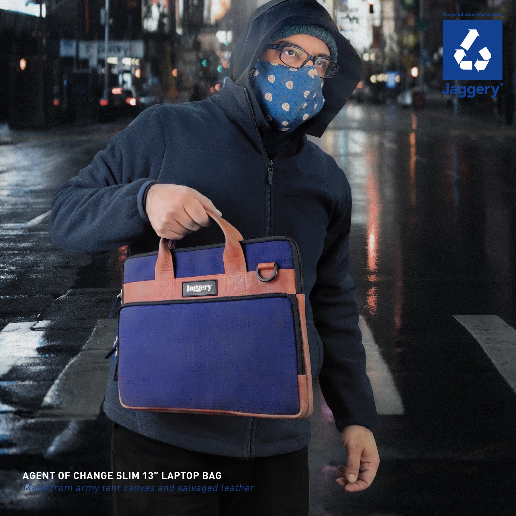 Agent of Change Slim 13" Laptop Bag in Blue Canvas & Salvaged Leather