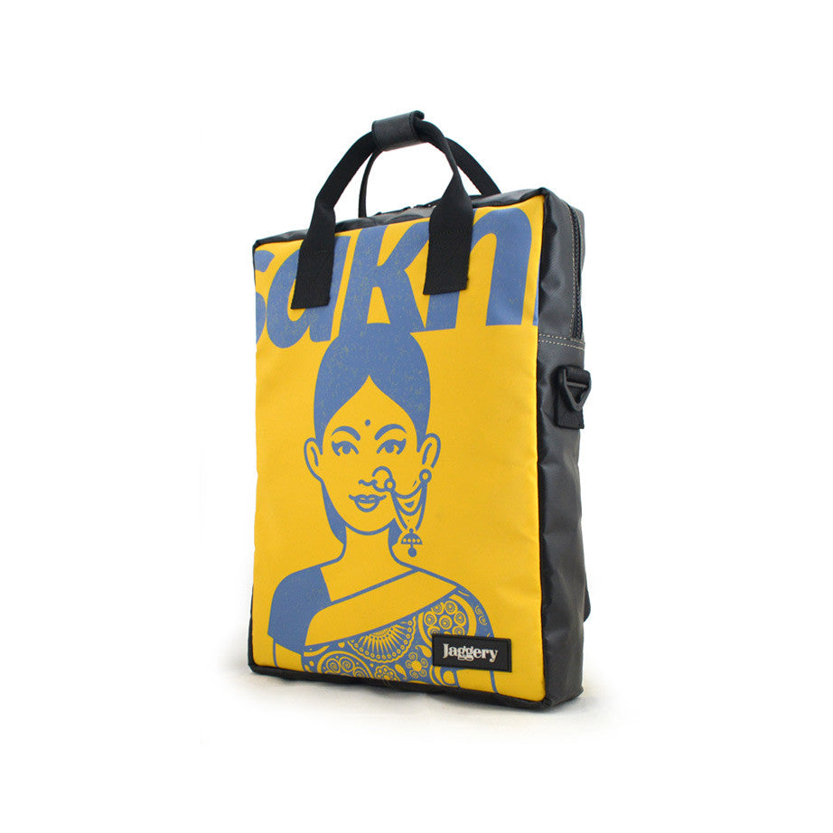 Mote One Backpack Lady in Saree in Blue on Yellow and Black [15"laptop bag]