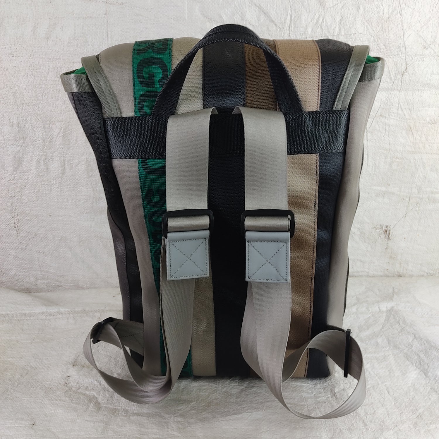 Heryana Fausto Backpack in Green Ex-Cargo Belts and Rescued Car Seat Belts [15"laptop bag]