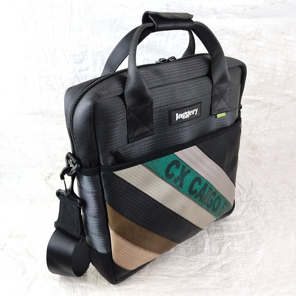 Heryana Pilot's Everyday Bag in Green Ex-Cargo Belts & Rescued Car Seat Belts [13" Laptop Bag]