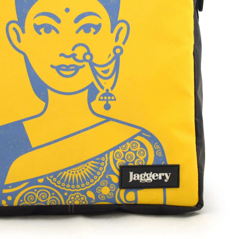 Mote One Backpack Lady in Saree in Blue on Yellow and Black [15"laptop bag]