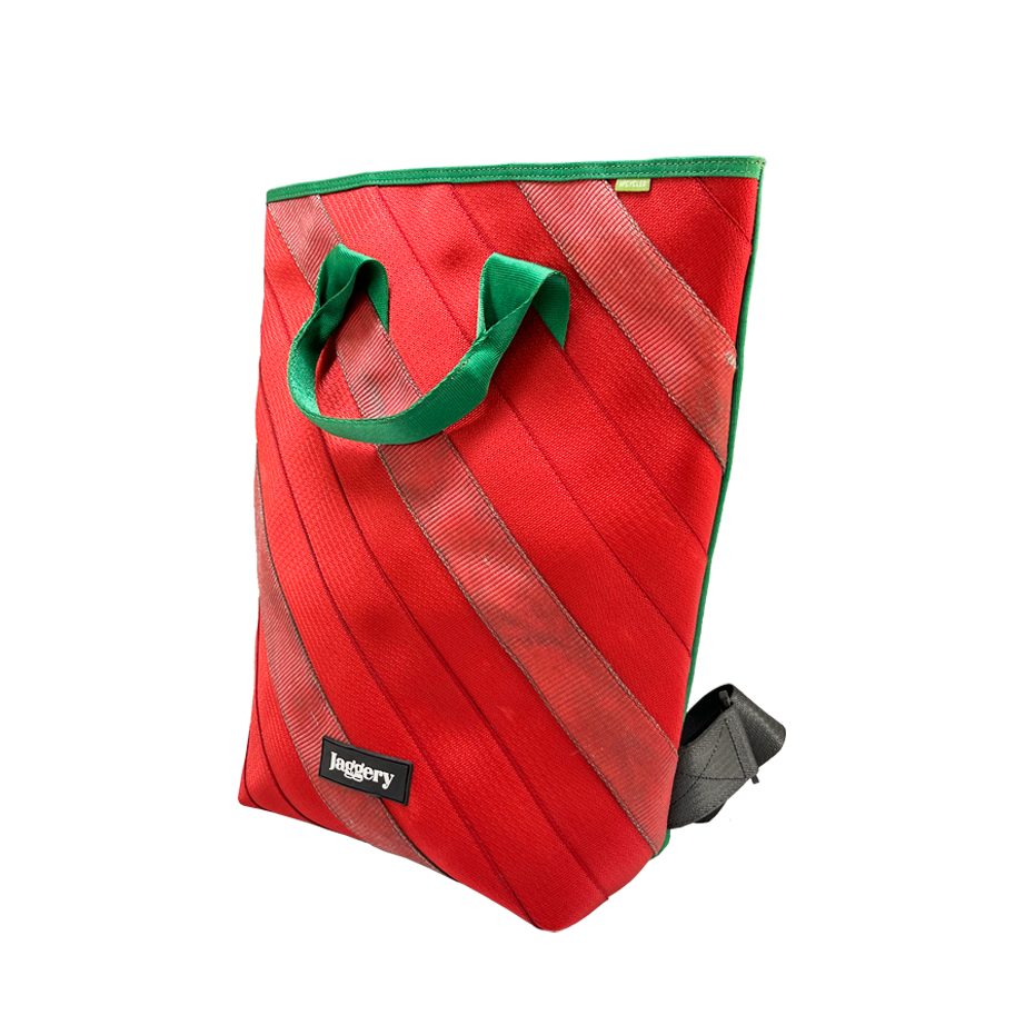 Portuguese Christmas Day Tripper Backpack 14" in Red & Green Decommissioned Cargo Belts