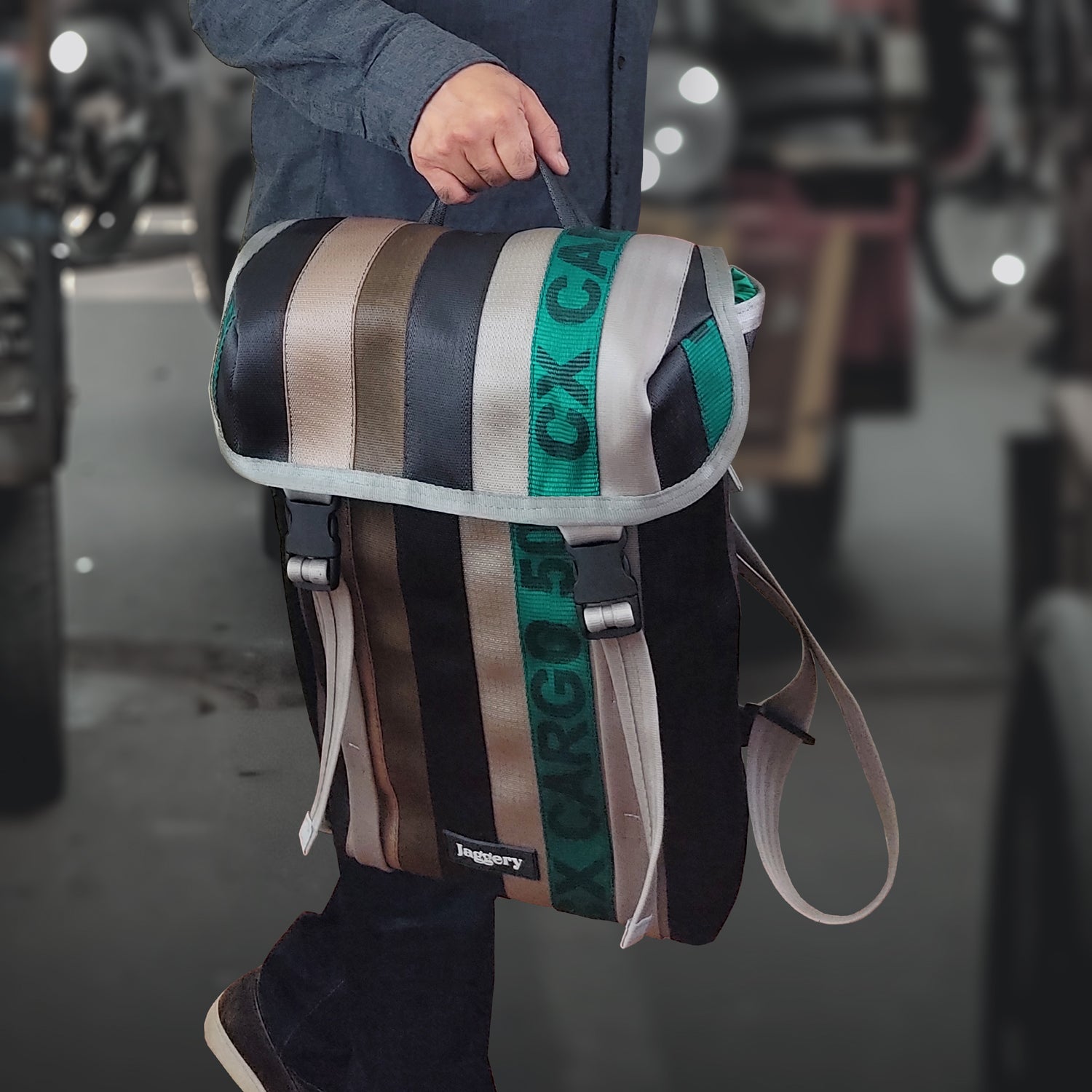Heryana Fausto Backpack in Green Ex-Cargo Belts and Rescued Car Seat Belts [15"laptop bag]