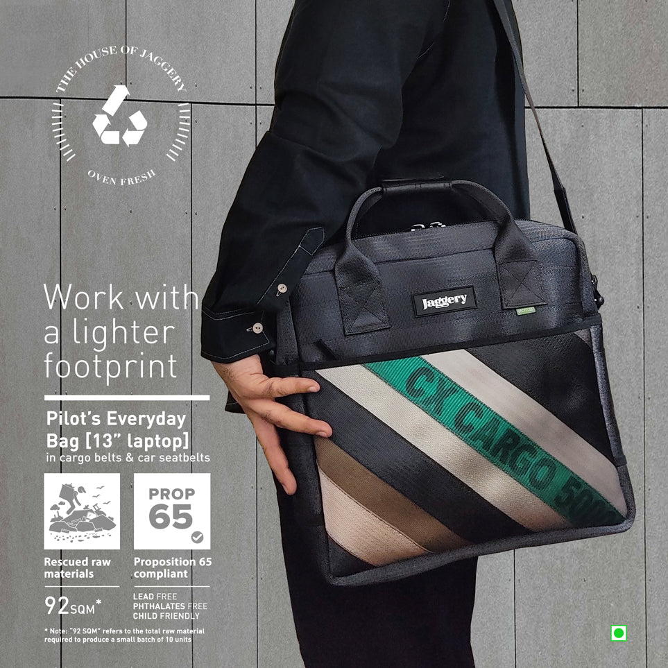 Heryana Pilot's Everyday Bag in Green Ex-Cargo Belts & Rescued Car Seat Belts [13" Laptop Bag]