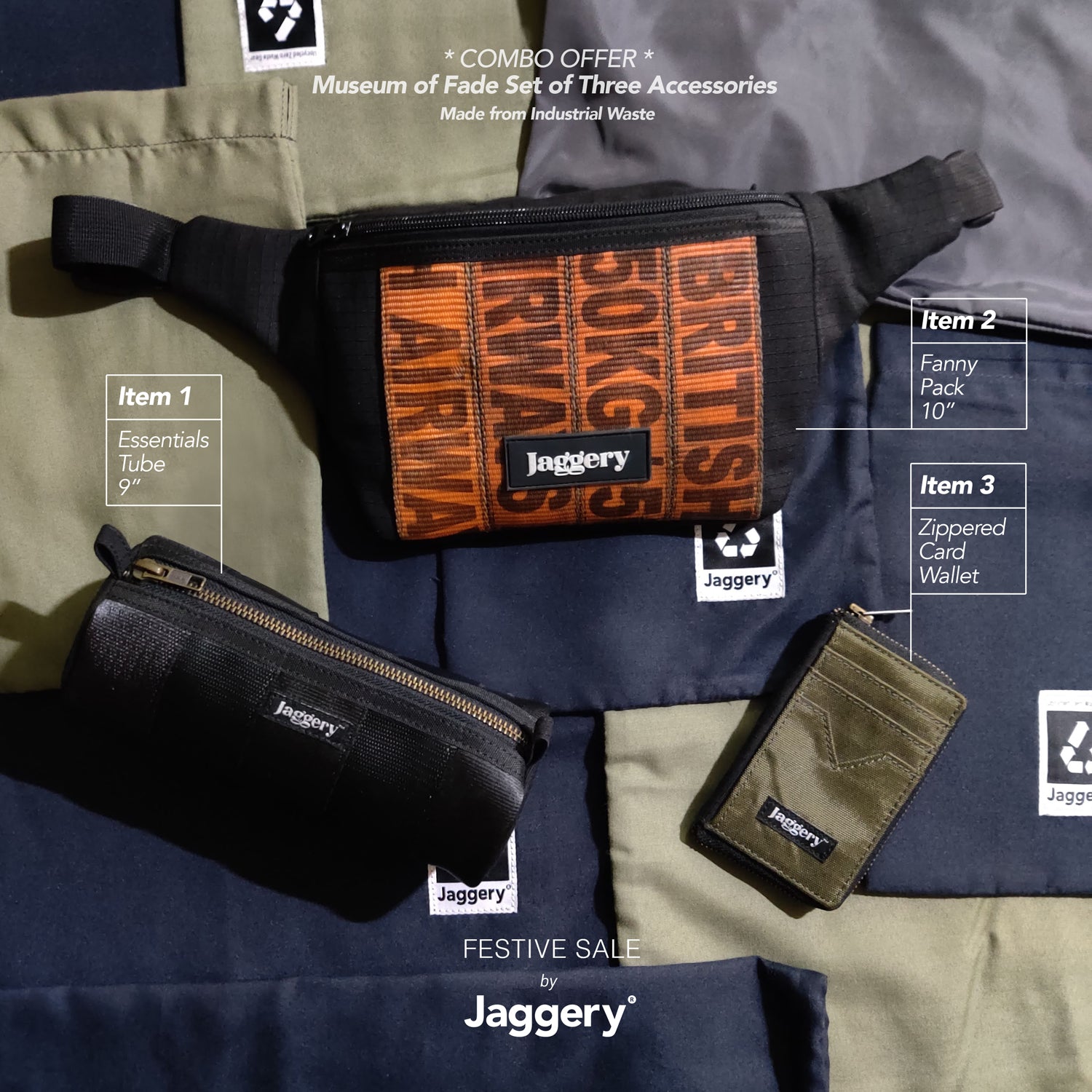 Combo Offer: Fanny Pack, Essentials Tube and Card Wallet in Cargo Belts, Car Seat Belts and Army Canvas