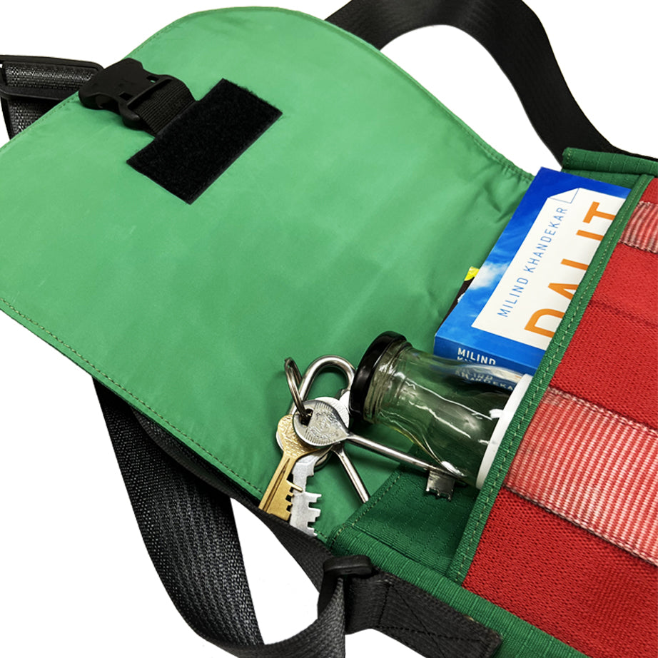 Portuguese Christmas Satchel Unisex in Red & Green Decommissioned Cargo Belts [10" bag]