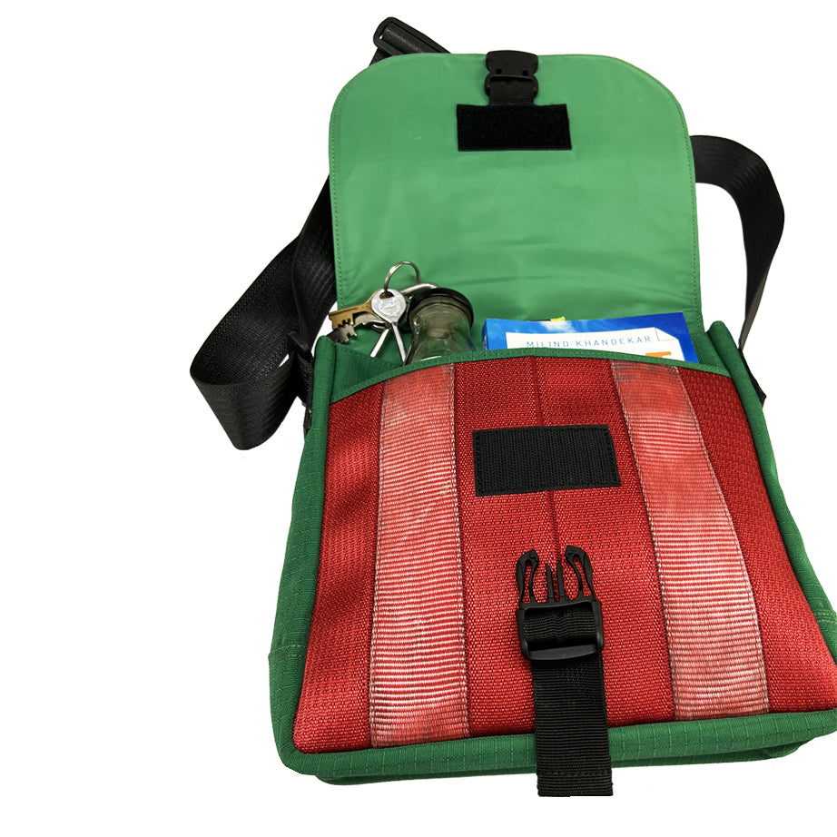 Portuguese Christmas Satchel Unisex in Red & Green Decommissioned Cargo Belts [10" bag]